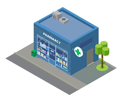Vector isometric pharmacy building with showcase with drugs and ...