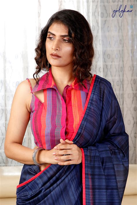 Ombré Blue | Navy Blue Plain Cotton Saree – golghar