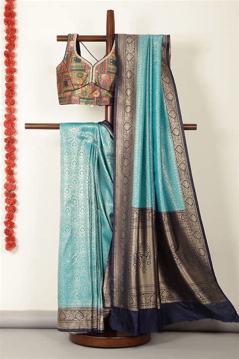 Teal & Navy Dual Toned Soft Silk Zari Woven Saree – Meena Bazaar Shop