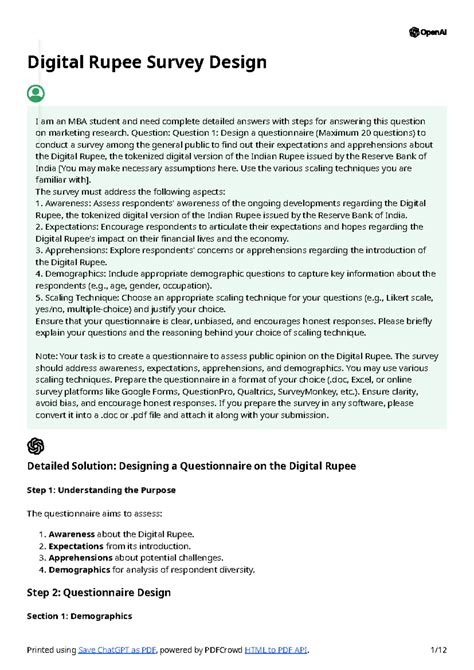 Digital Rupee Survey Design - Question: Question 1: Design a ...