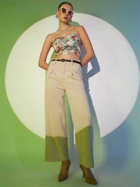 Women Blue Floral Printed Strapless Neck Sleeveless Knitted Crop Tube ...