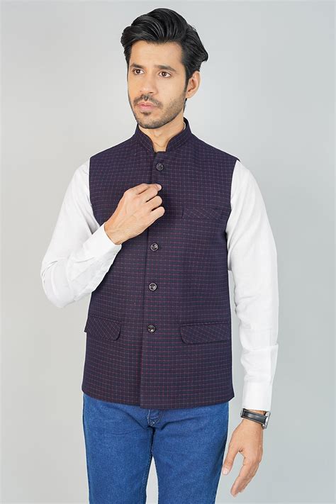 Buy Wintage Men's 100% Cotton Check Blue Nehru Jacket
