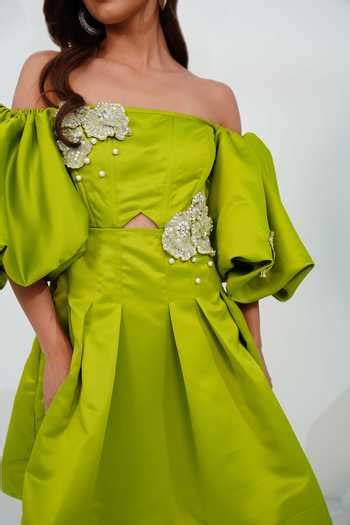 Buy Green Dutch Satin Embellished Petal Off Shoulder Gina Corset Dress ...