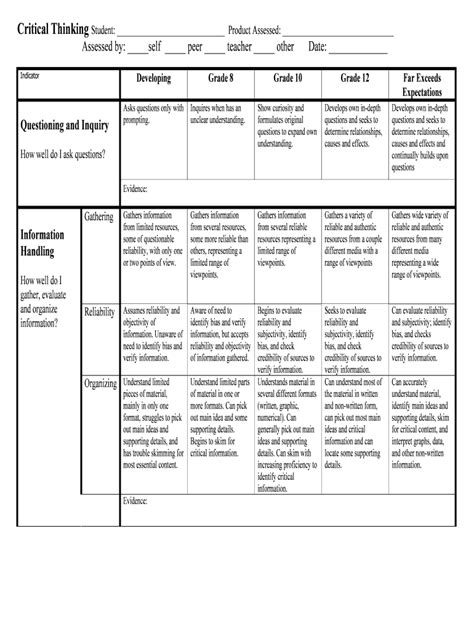 Critical Thinking Student Assessment Form - Blank Fillable Template ...