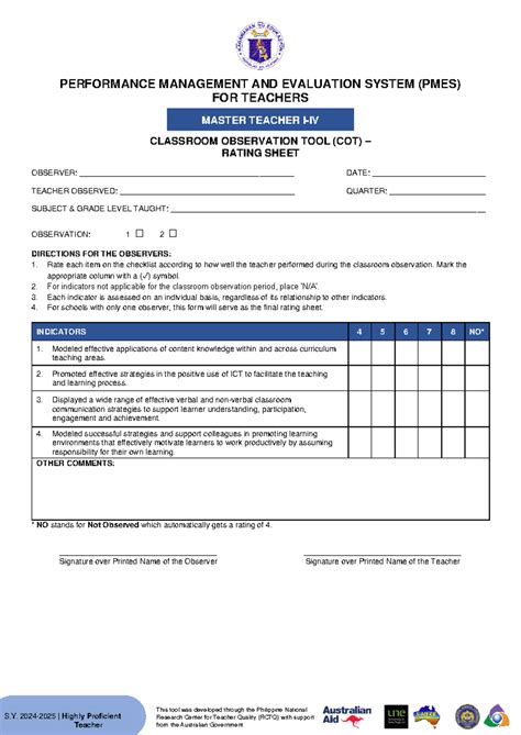 Annex C-4 COT Rating Sheet for Highly Proficient Teacher for SY 2024 ...