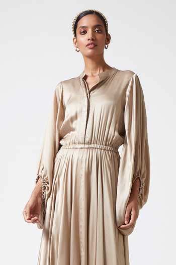 Buy Blue Mandarin Collar Bemberg Satin Maxi Dress With Bishop Sleeves ...