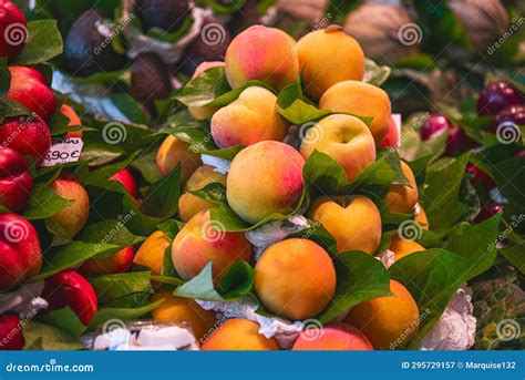 Close Up. a Tower of Juicy Ripe Peaches on the Counter at a Spanish ...