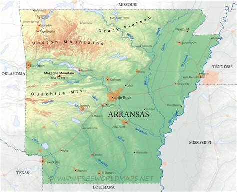 Physical map of Arkansas