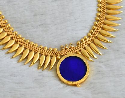 Gold tone kerala style blue round mulla mottu necklace dj-49114 ...