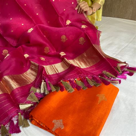 Fanta orange-Rani pink chiniya silk kadhwa kurta paired with kora silk ...