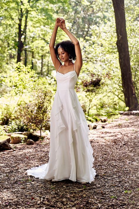 66330: Chiffon A-Line Bridal Dress with Cowl Neckline and Ruffle Skirt | Lillian West