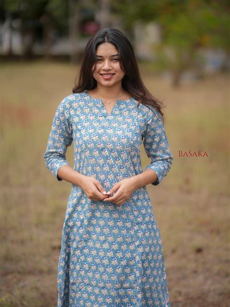 Blue Grapes Motif Block Printed A-Line COTTON Kurta – BaSaKa