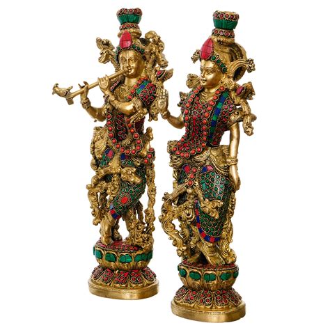 Colorful Radha Krishna Playing Flute Handcrafted Brass Idol with Stone ...
