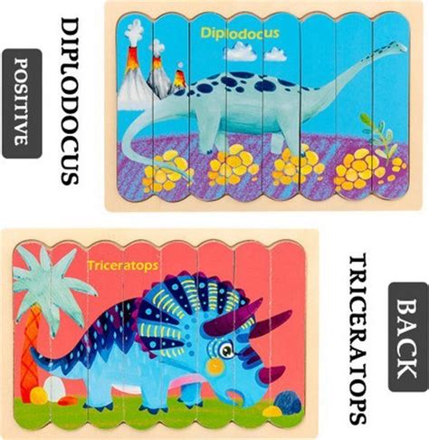 Extrokids Wooden Double Sided 8Pc Stick Puzzle Diplodocus With Tricera