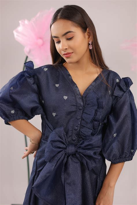 The Navy Blue Heart Knot Flared Midi Dress – Beyond Stitches