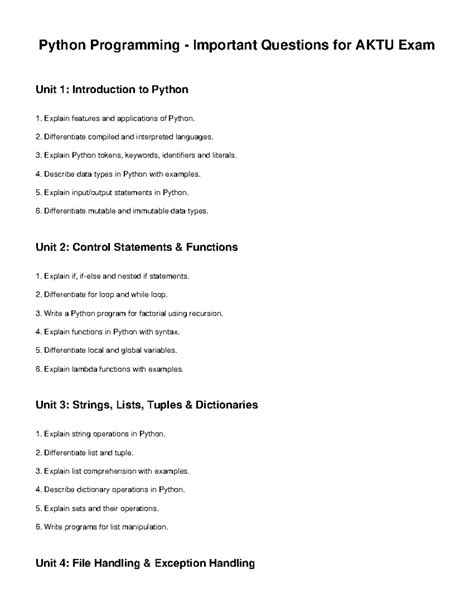 Python Programming Important Questions for AKTU Exam: Units 1-4 - Studocu