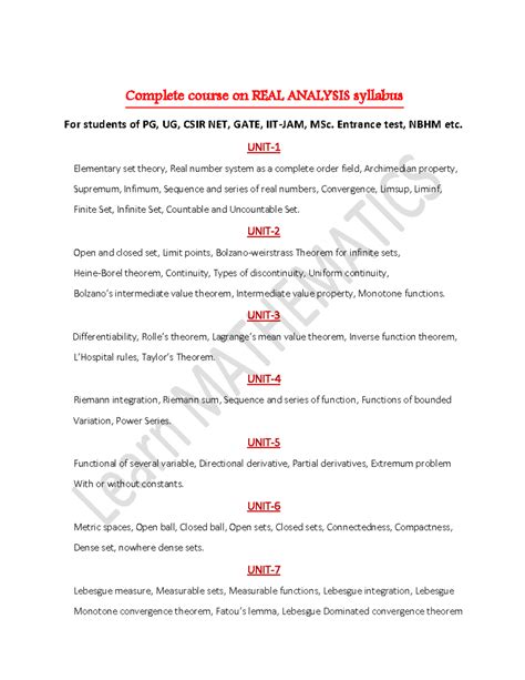 Syllabus Real Analysis LM - Complete course on REAL ANALYSIS syllabus ...