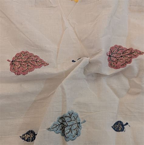 Yellow Pink Leaves Embroidered Cotton Fabric