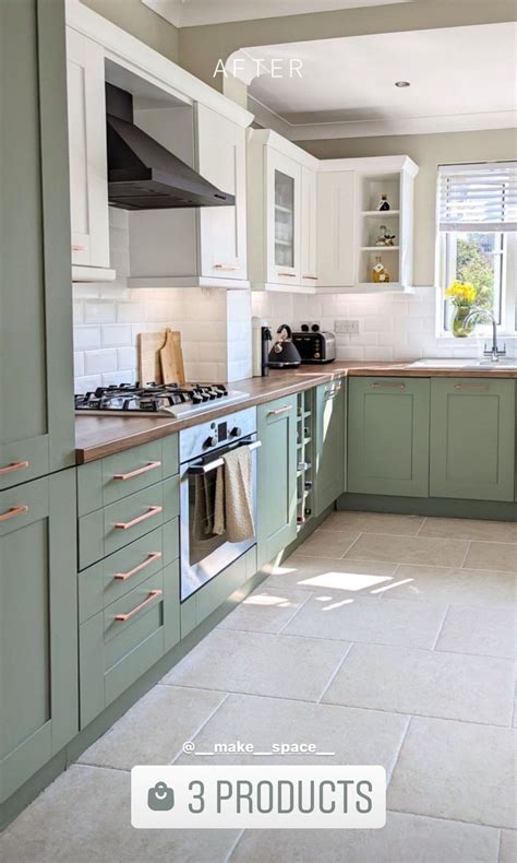 Green Kitchen Cabinets with White Tile Walls