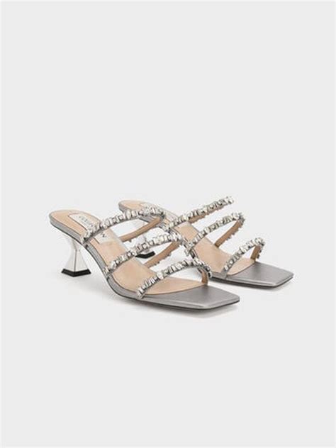 Silver Gem-Encrusted Metallic Strappy Sandals - Silver - CHARLES & KEITH IN