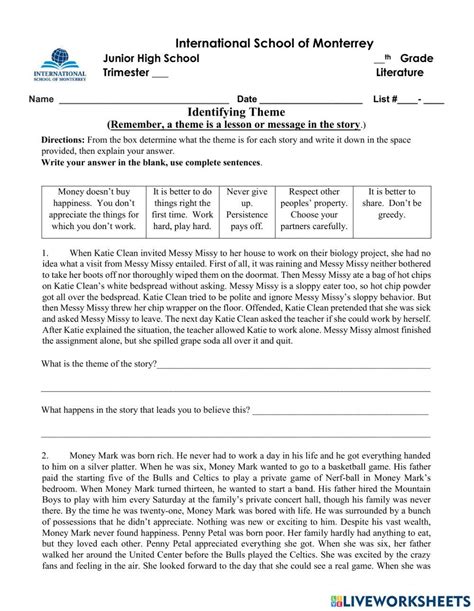 Image result for Identifying Theme Worksheet Answer Key