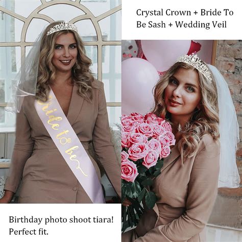 Buy CIEHER Crystal Crown + Bride to Be Sash + Veil Set, Bachelorette ...