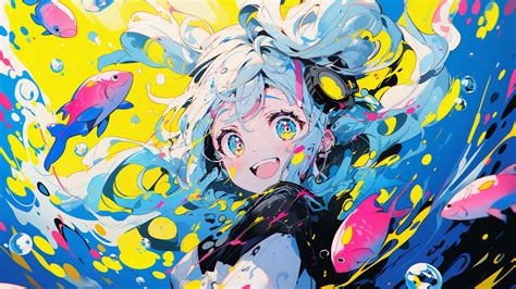 Download wallpaper 3840x2160 girl, smile, fish, anime, colorful 4k uhd ...