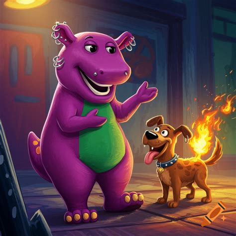 Barney with pierced ears and a flaming dog on Craiyon
