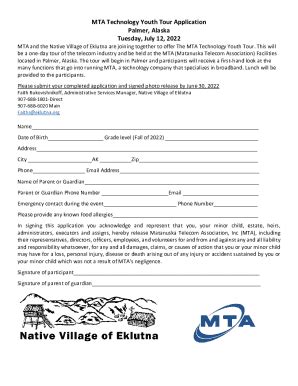 Fillable Online MTA Technology Youth Tour Application Palmer, Alaska ...