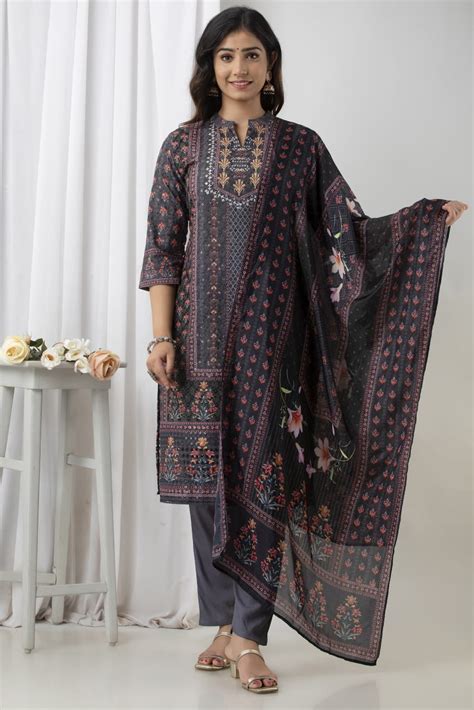 Cotton Shifali Work, Ryon Pant & Muslin Dupatta - Jet Black ...