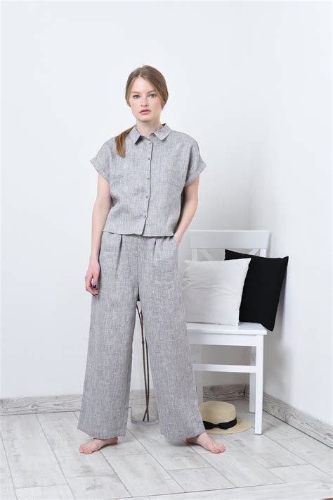 Linen suit for women/ Linen loose pant suit/ Linen suit/ Linen wideleg ...