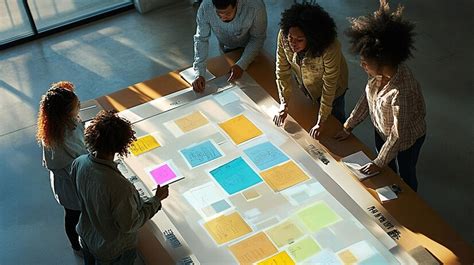 Diverse team collaborates on a large interactive table brainstorming ...