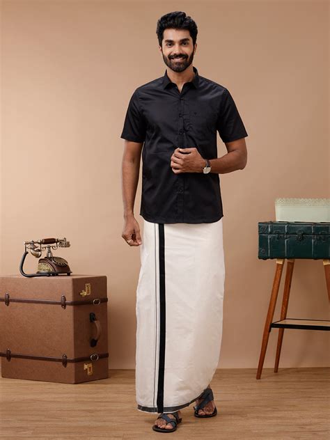 Men Kora Cotton Double Layer Dhoti with Black Fancy Border RedFort SPL