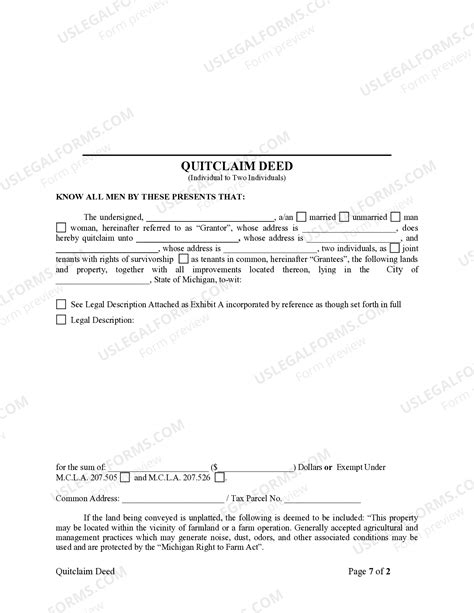Michigan Quitclaim Deed from Individual to Two Individuals in Joint ...