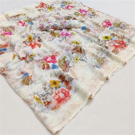 Off-White Casual Wear Floral Printed Georgette Saree