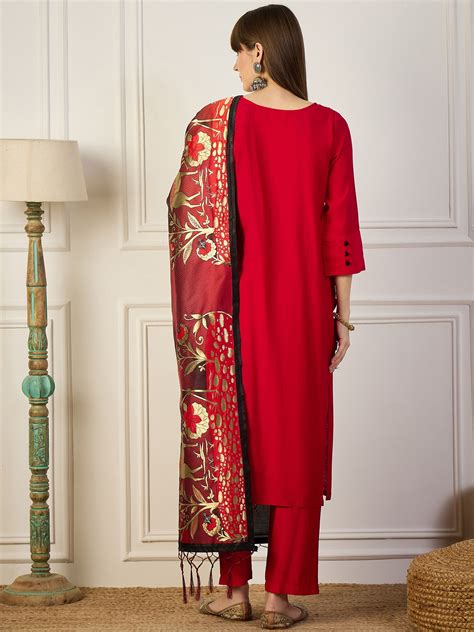Sitara Red and Black Cotton Silk Blend Kurta Set With Jacquard Woven M ...