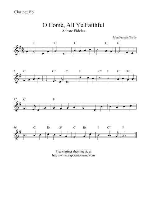 O Come, All Ye Faithful, free Christmas clarinet sheet music notes