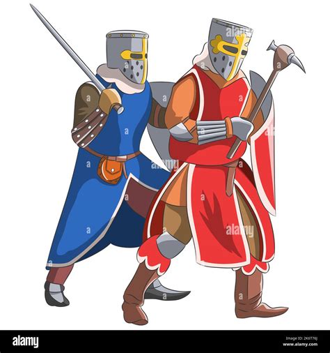 Two knights in medieval armor with shields and weapons. Vector ...