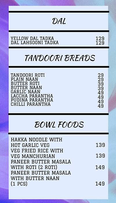 Menu at Splater, Coimbatore