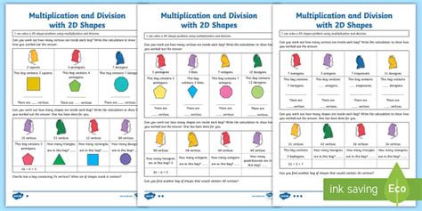 Multiplication with 2D Shapes Problem Solving Worksheets