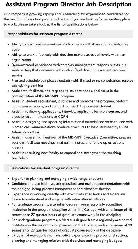 Image result for Assistant Program Director Job Description