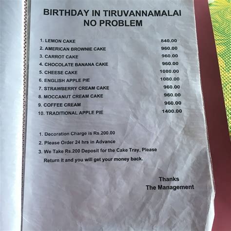 Menu at German Bakery, Tiruvannamalai