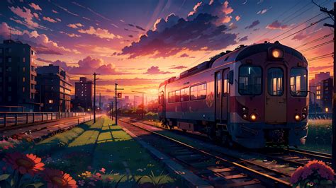 Train and sunset anime landscape 4K wallpaper download