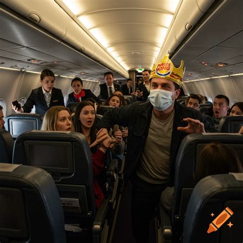 Man with Burger King crown on plane screaming on Craiyon