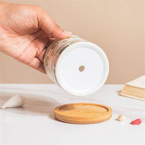 Mandala Print Ceramic Planter Green With Wooden Coaster Online ...