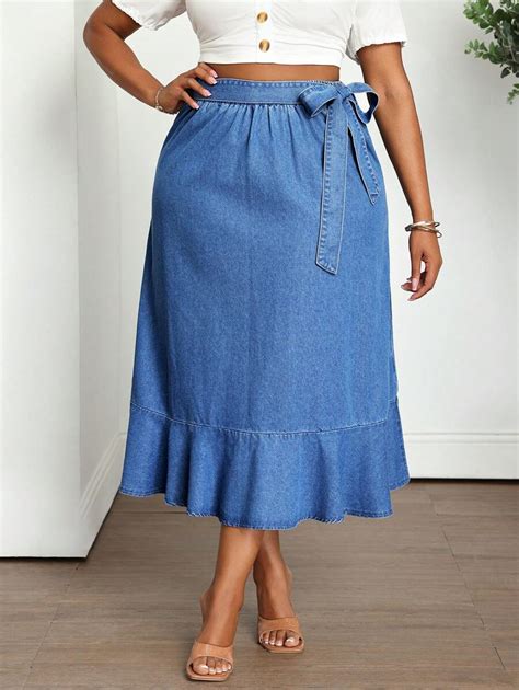 SHEIN EZwear Plus Size Denim Mini Skirt With A-Line Design, Blue Summer ...