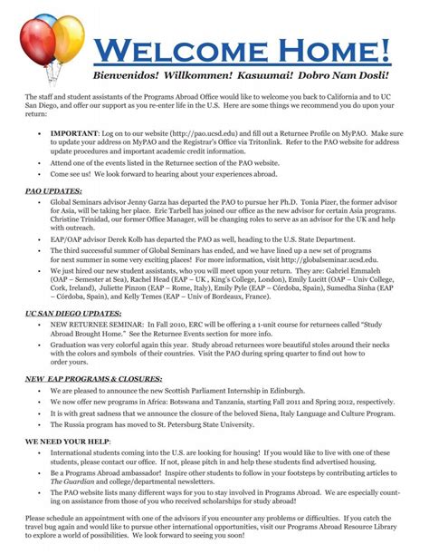 Welcome Home Programs Abroad Office UC San Diego - PlanForms.net