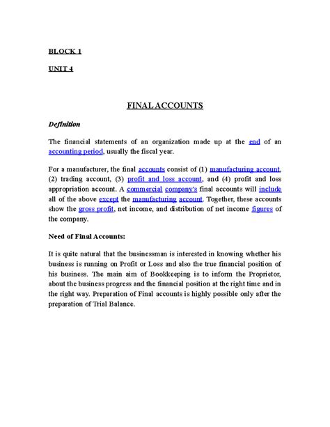 Block 1 UNIT 4 - BLOCK 1 UNIT 4 FINAL ACCOUNTS Definition The financial ...