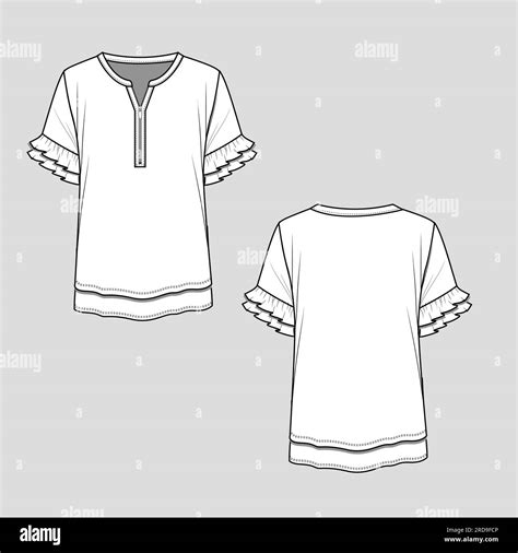 Women Mandarin collar Henley half open zipper placket Double Layer hem sleeves ruffle t-shirt ...