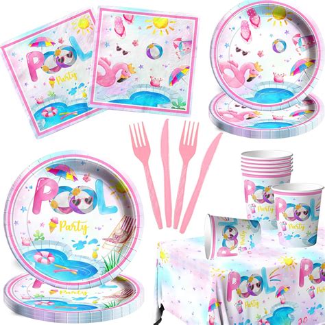 Amazon.com: Pool Party Supplies,141pcs Pink Pool Birthday Tableware ...